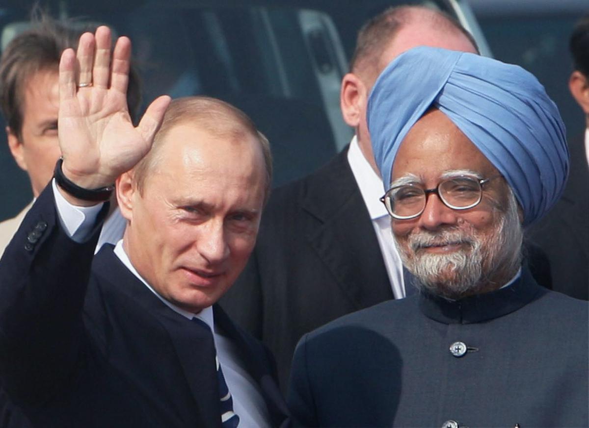 In this  Dec. 31, 2007 photo, Prime Minister Dr Manmohan Singh with Russian president Vladimir Putin on his arrival at Air Force Station Palam in New Delhi